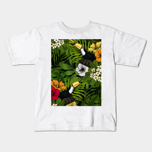 Toucans amd tropical flora, green, yellow, red and orange Kids T-Shirt by katerinamk